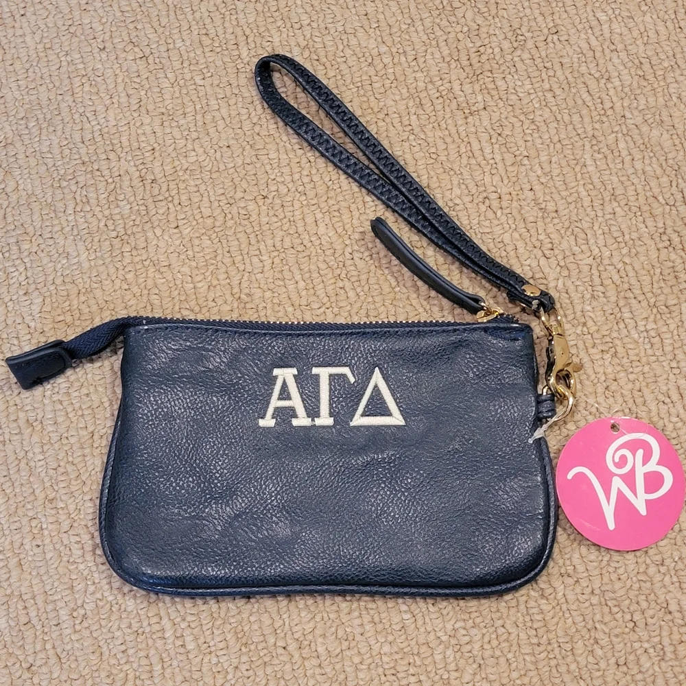 AGD Alpha Gamma Delta Navy Blue Leather Embroidered Wristlet NWT - Picture 1 of 1